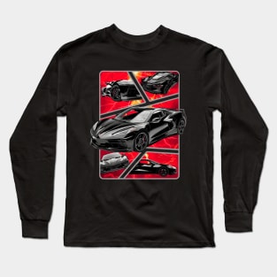 Multiple Angles of the Black C8 Corvette Presented In A Bold Vibrant Panel Art Display Supercar Sports Car Racecar Torch Black Corvette C8 Long Sleeve T-Shirt